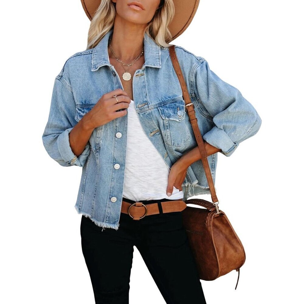 Brand New Women's Light Blue Cotton LONGBIDA Frayed Washed Button Up Cropped